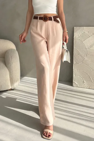 Toz Pembe Beli Kemerli Keten Pantolon