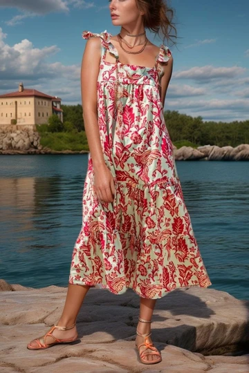 Yeşil Fırfır Askılı Desenli Yazlık Elbise BCBSK-25700-SS22-7093