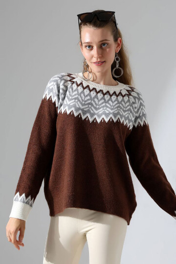 Acı Kahve Bisiklet Yaka Kar Desenli Triko Kazak BCES-252028