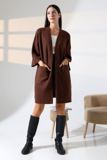 Acı Kahve Çift Cepli Yarım Kol Uzun Boy Triko Hırka BCES-252019