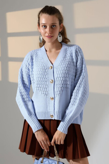 Bebe Mavi Motif Desenli Düğmeli Triko Hırka BCES-252027