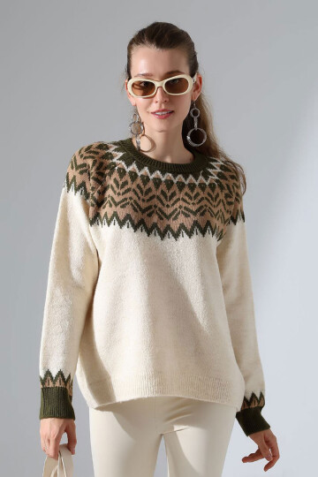 Bej Bisiklet Yaka Kar Desenli Triko Kazak BCES-252028