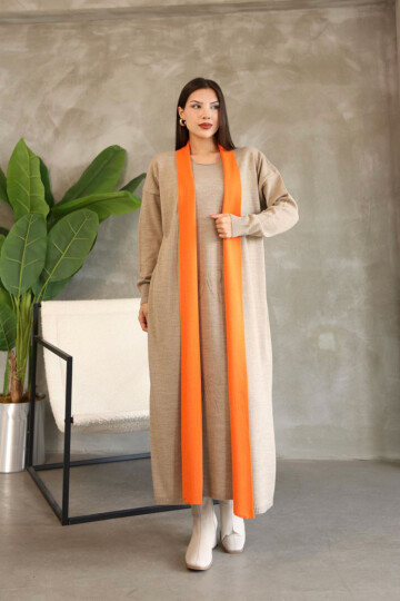 Bej Bisiklet Yaka Elbise Ve Hırka Tesettür Alt Üst Takım BCES-252024