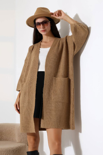 Bisküvi Çift Cepli Yarım Kol Uzun Boy Triko Hırka BCES-252019