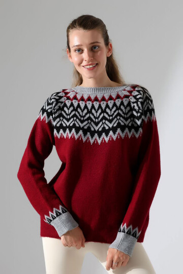 Bordo Bisiklet Yaka Kar Desenli Triko Kazak BCES-252028