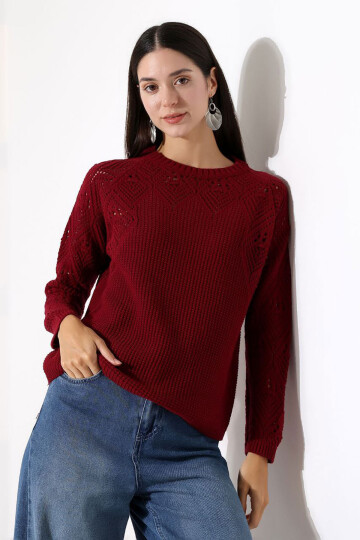 Bordo Bisiklet Yaka Motif İşlemeli Triko Kazak BCES-252036