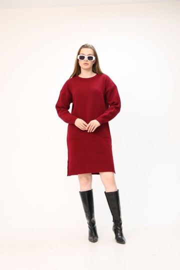 Bordo Çift Cepli Bisiklet Yaka Tunik Elbise