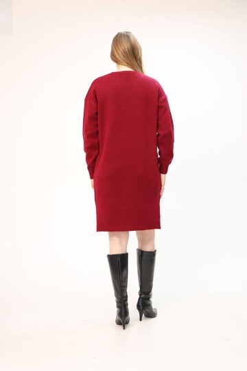Bordo Çift Cepli Bisiklet Yaka Tunik Elbise