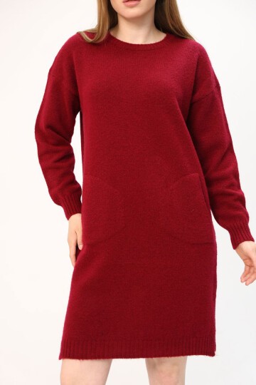 Bordo Çift Cepli Bisiklet Yaka Tunik Elbise