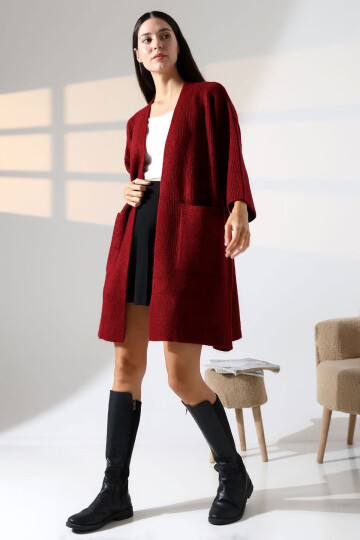 Bordo Çift Cepli Yarım Kol Uzun Boy Triko Hırka BCES-252019