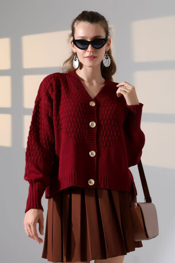 Bordo Motif Desenli Düğmeli Triko Hırka BCES-252027