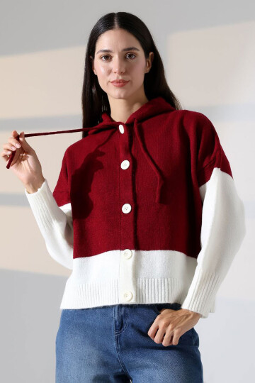 Bordo Renk Bloklu Kapüşonlu Düğmeli Triko Hırka BCES-252017