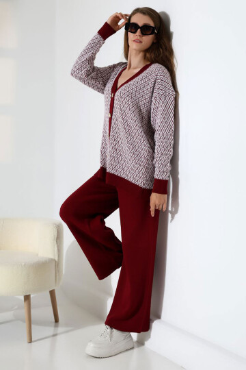 Bordo V Yaka Düğmeli Hırka Ve Pantolon Alt Üst Triko Takım BCES-252011