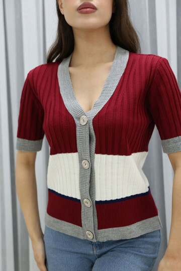 Bordo V Yaka Renk Bloklu Düğmeli Triko Bluz BCES-252013