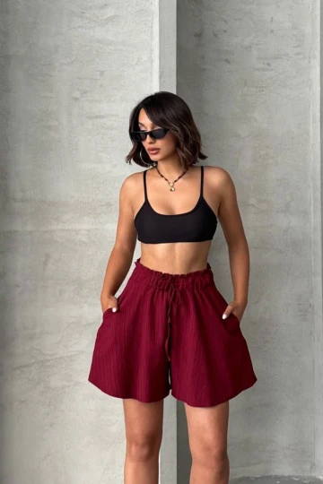 Bordo Volanlı Rahat Kalıp Beli Lastikli Keten Şort BCHN-25255058