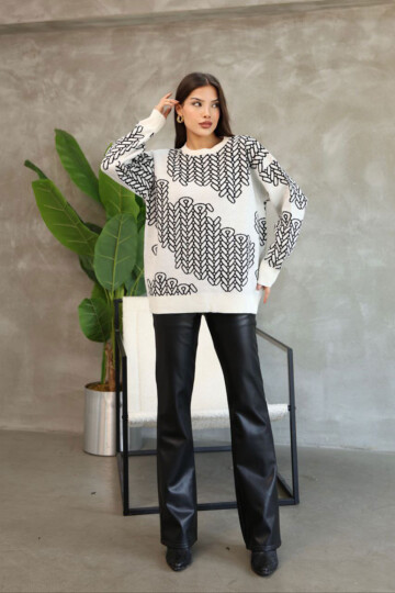 Ekru Bisiklet Yaka Desenli Triko Kazak BCES-252046