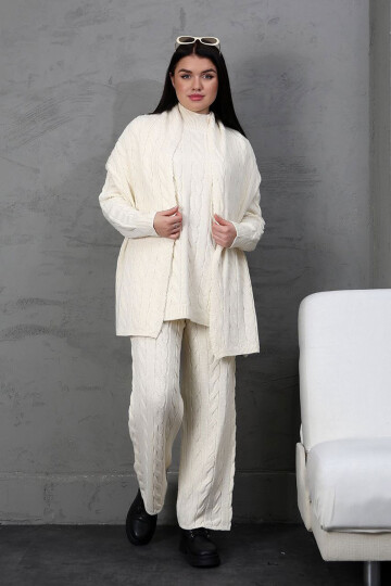 Ekru Örgü Motifli Kazak Hırka Ve Pantolon 3 Lü Triko Takım BCES-252031