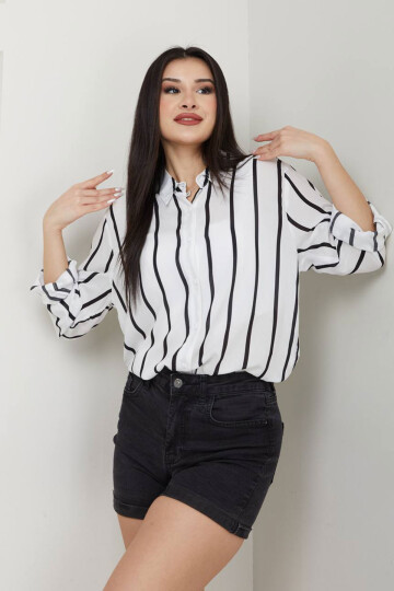 Ekru-Siyah Çizgili Basic Pamuk Dokuma Gömlek BCAYN-254003