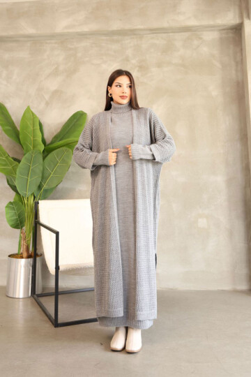 Gri Boğazlı Uzun Kol Triko Elbise Ve Uzun Hırka Tesettür Alt Üst Triko Takım BCES-252039