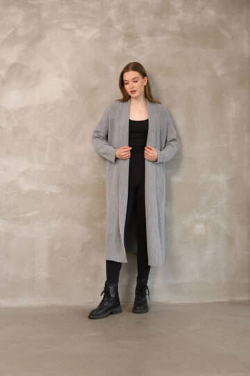 Gri Maxi Boy Triko Hırka BCES-252037