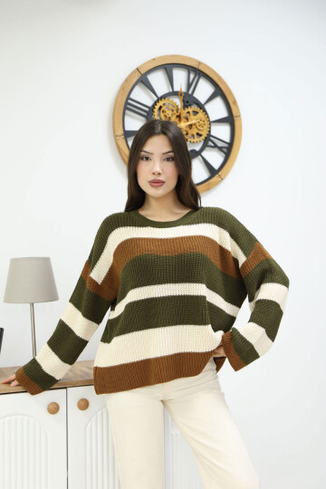 Haki Bisiklet Yaka Çizgi Desenli Triko Kazak BCES-252006