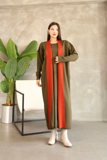 Haki Bisiklet Yaka Elbise Ve Hırka Tesettür Alt Üst Takım BCES-252024