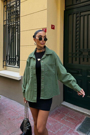 Haki Çift Cepli Yıkamalı Denim Gömlek Ceket BCDF-235403