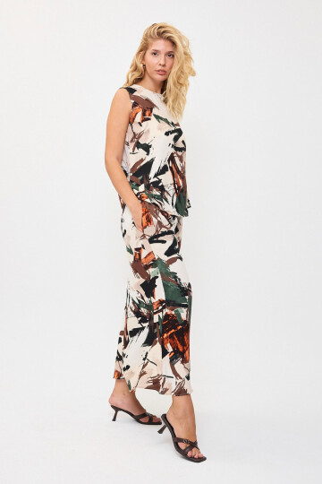 Haki Desenli Kolsuz Bluz Ve Geniş Paça Pantolon Dokuma Alt Üst Takım BCVL-25V201