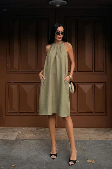 Haki Gizli Cepli Yazlık Keten Dokuma Elbise BCDF-25255029