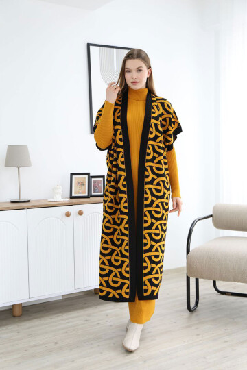 Hardal Boğazlı Triko Elbise Ve Uzun Desenli Hırka Alt Üst Takım BCES-252040