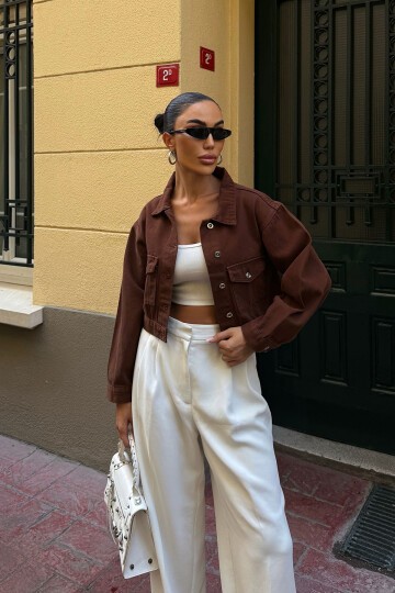 Kahverengi Çift Cep Denim Crop Ceket
