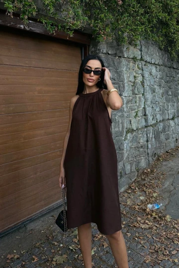Kahverengi Gizli Cepli Yazlık Keten Dokuma Elbise BCDF-25255029