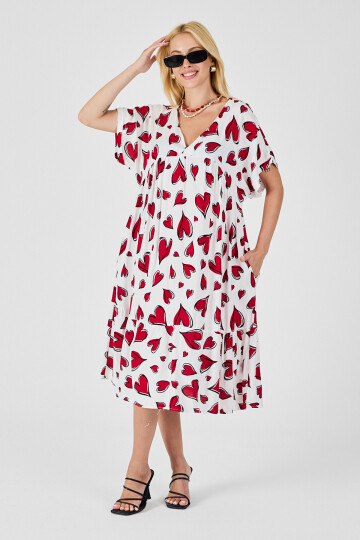 Kırmızı-Beyaz V Yaka Oversize Kesim Desenli Çift Cepli Volanlı Elbise BCVL-254028