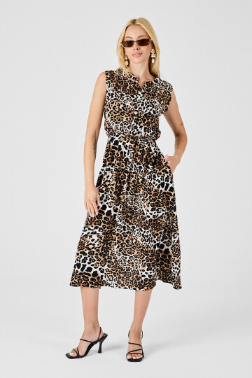 Leopar Çentik Yaka Düğmeli Desenli Kolsuz Midi Elbise BCVL-254025