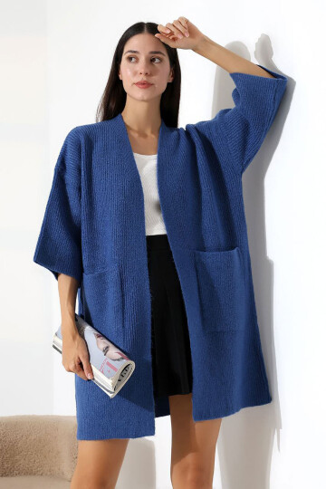 Mavi Çift Cepli Yarım Kol Uzun Boy Triko Hırka BCES-252019