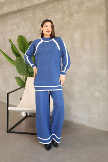 Mavi Çizgi Detaylı Bisiklet Yaka Tunik Ve Geniş Paça Triko Alt Üst Takım BCES-252030