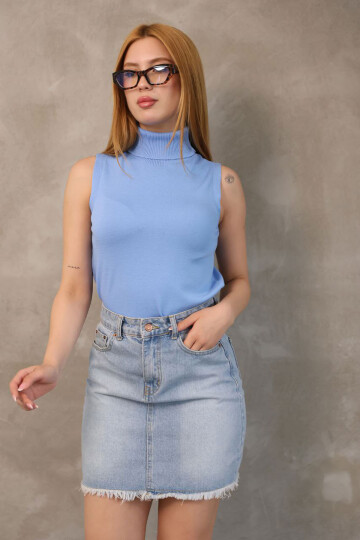 Mavi Kolsuz Boğazlı Triko Bluz BCES-252022