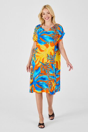 Mavi-Sarı Tropik Desenli V Yaka Rahat Kesim Elbise BCVL-254020