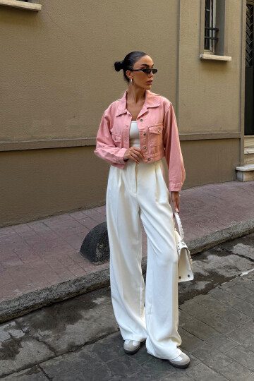 Pembe Çift Cep Denim Crop Ceket BCDF-255419