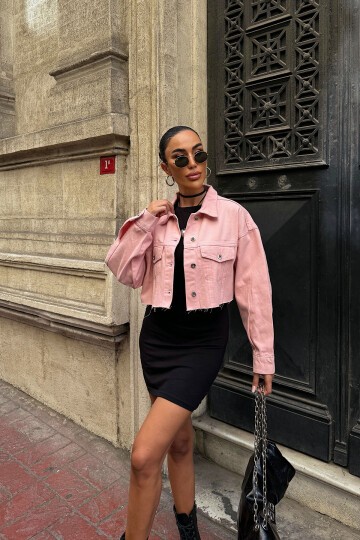 Pembe Çift Cepli Lazer Kesim Yıkamalı Crop Denim Ceket