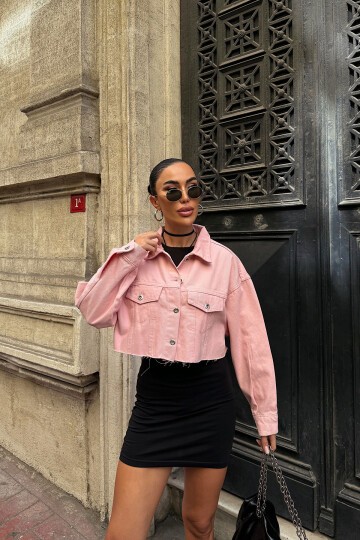 Pembe Çift Cepli Lazer Kesim Yıkamalı Crop Denim Ceket