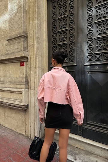 Pembe Çift Cepli Lazer Kesim Yıkamalı Crop Denim Ceket