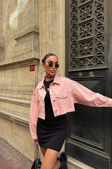 Pembe Çift Cepli Lazer Kesim Yıkamalı Crop Denim Ceket
