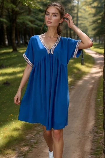 Saks Nakış Bordür Detaylı Rahat Kalıp Viscon Dokuma Elbise BCVL-2530000