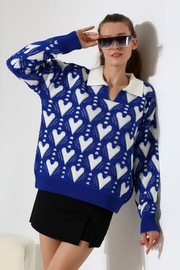 Saks Polo Yaka Kalp Desenli Triko Kazak BCES-252026