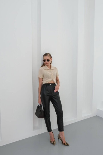 Siyah Beli Lastikli Suni Deri Pantolon BCHN-25W26637