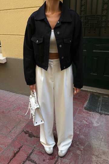 Siyah Çift Cep Denim Crop Ceket