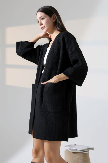 Siyah Çift Cepli Yarım Kol Uzun Boy Triko Hırka BCES-252019