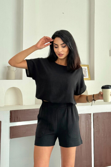 Siyah Keten Aerobin Dokuma Alt Üst Şortlu Takım BCCM-253000