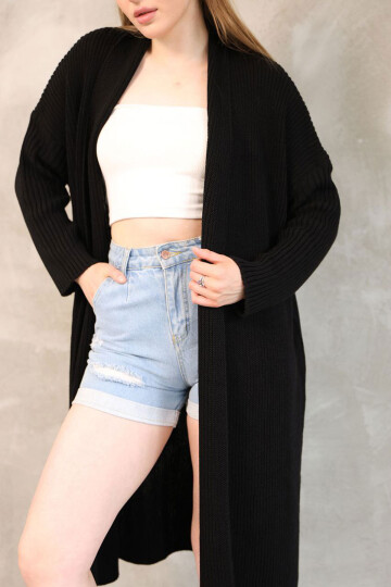 Siyah Maxi Boy Triko Hırka BCES-252037